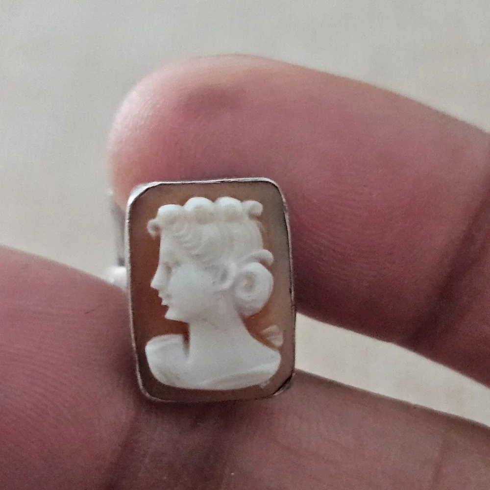 Carved Stone/Shell Top Cufflinks‎ Vintage Sterling Silver